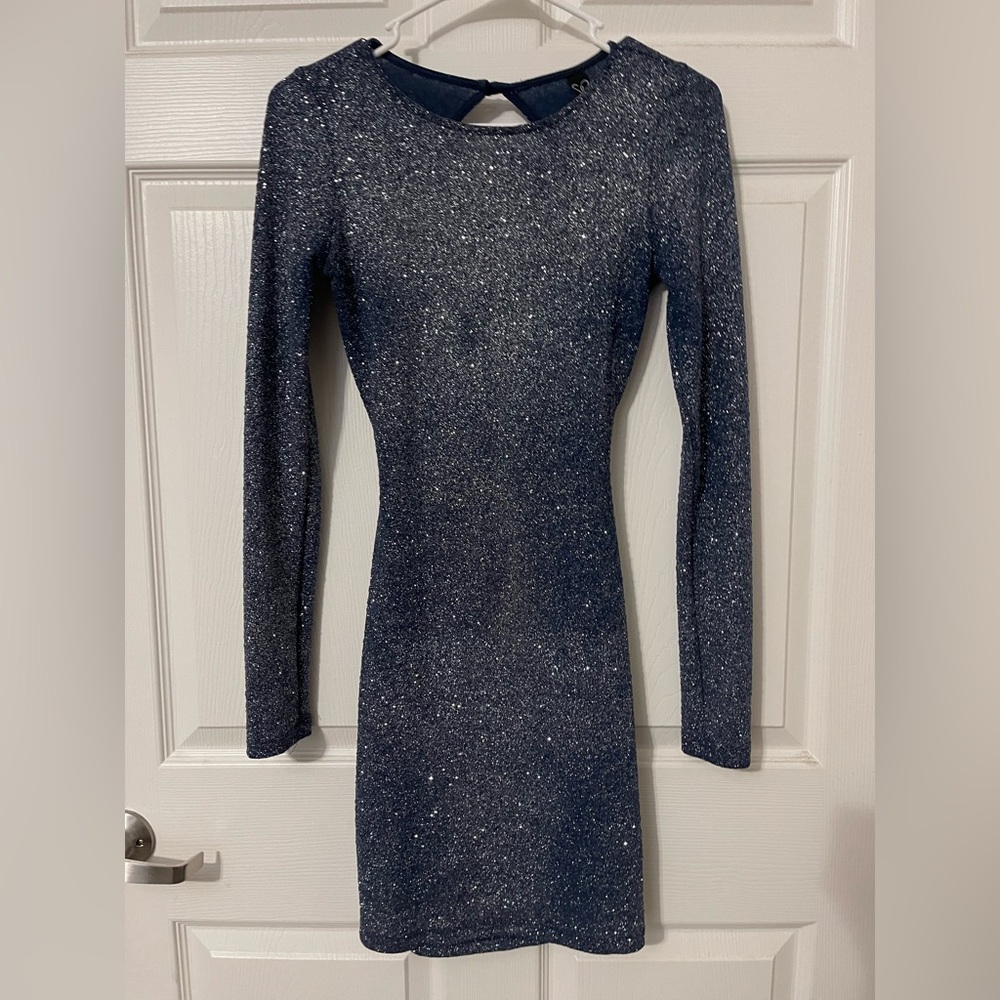 Long Sleeve Sparkle Bodycon Dress - Navy